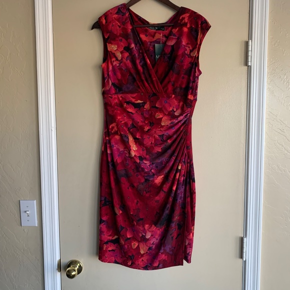 Lauren Ralph Lauren Opera Red Floral Ruched Dress Sz.10 V- neck Cross Over Knit - Picture 15 of 15